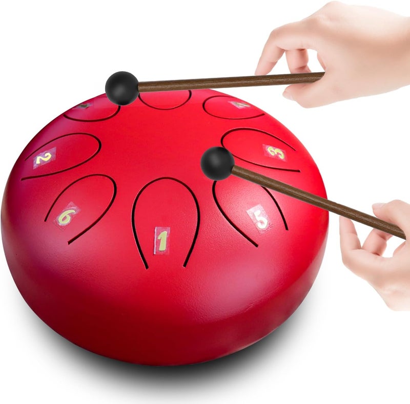 Regis Steel Tongue Drum 6 Inch 8 Notes, Rain Drum Style Calming Percussion Instrument for Relaxation & Meditation, Musical Gift for Adults & Beginners(red) - Image 1